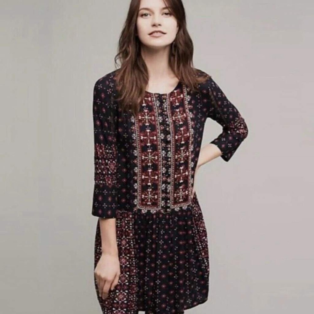Vanessa Virginia Women Dress M Blk Pink Boho Embroidered Drop Waist Tunic Indie
